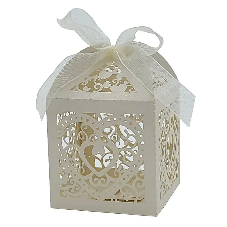 Coeur d'amour découpé au Laser boîte de faveur de fête de mariage sac de bonbons boîtes cadeaux au chocolat bonbonnière de douche d'anniversaire de mariée avec rubans