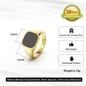 Rinntin NMR01 Factory Direct Sales Custom High Quality Genuine Black Agate Domineering Glossy Hipster Men's Sterling Silver Ring