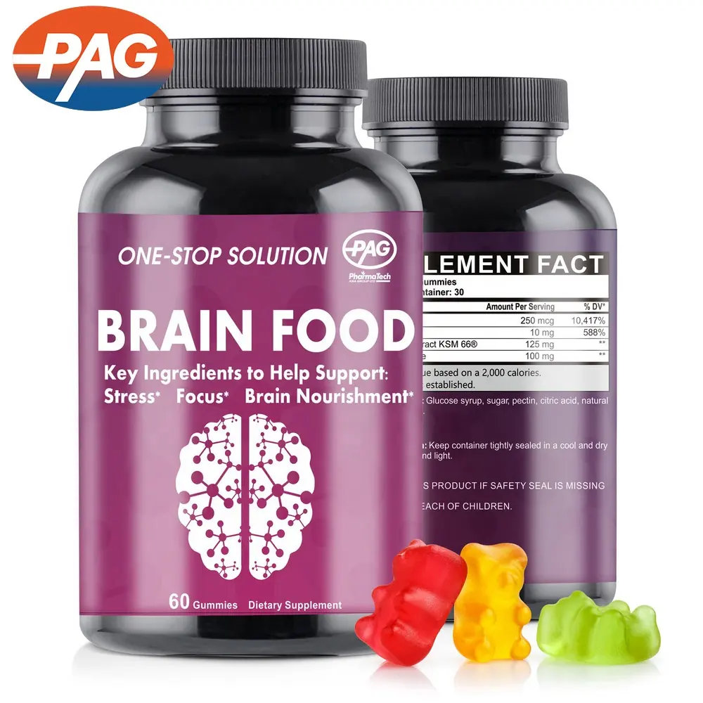 PAG Oem पूरक विटामिन बी KSM 66 कार्बनिक अश्वगंधा मस्तिष्क खाद्य स्वास्थ्य खाद्य अश्वगंधा Gummies मस्तिष्क खाद्य चिपचिपा