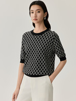 62410 Nouvelle collection été, haut court en soie, motif écossais noir et blanc, à manches courtes, col artistique, tricot jacquard, style t-shirt