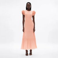 Nouvelle Robe Longue Plissée Pêche à Col Rond et Manches Courtes Volantées, Taille Haute Smockée, à Étages, Personnalisée pour Femme, Idéale pour les Vacances