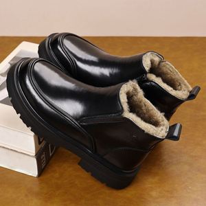 Bottes de neige pour hommes, dessus noir lisse, doublure intérieure en fourrure, fermeture éclair latérale, bottes chaudes d'hiver pour les journées froides en extérieur - Product Image 1