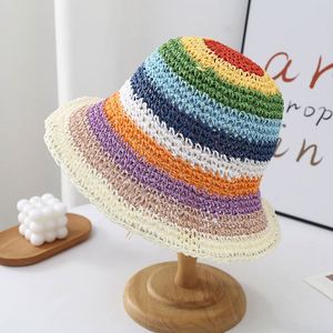Rainbow Straw Hat <b>Sunscreen</b> Shading Fisherman Straw Braided Striped High Quality Crochet Bucket Straw Hat - Product Image 4