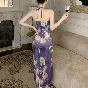 Printed Halter Neck Bodycon Dress Floral Print Slim Fit Cocktail Dress Women's Elegant Long Dress Spring Style - Product Image 4