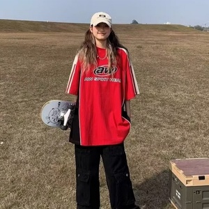 Women's Retro <b>Patchwork</b> Over SizeT-<b>Shirt</b> Summer Casual Loose Street Top Knitted Fabric Short Versatile Contrasting Letter Print - Product Image 3