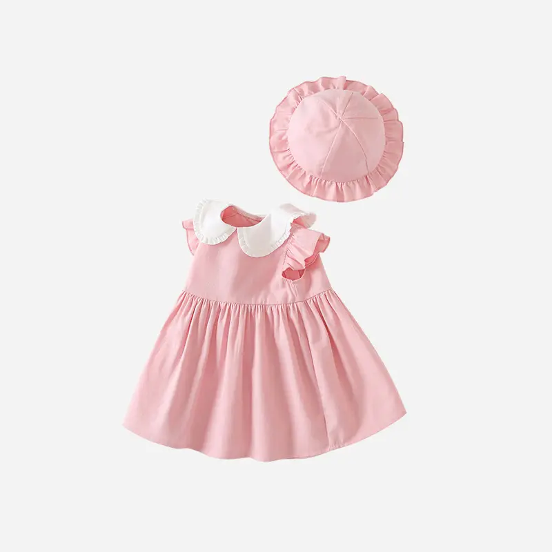 Ivy42319A 2024 Summer Short Sleeve Ruffle Doll Collar Baby Smocked Dress Frocks Toddler Girls Pink Dress with Hat