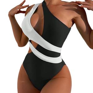 Maillot de bain une pièce femme asymétrique à découpes, couleur contrastée, personnalisable avec logo OEM, collection 2025 - Product Image 1