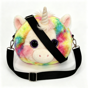 Bolso bandolera de peluche de mapache arcoíris personalizado, bolso bandolera de peluche con cara de mapache colorida, bolso bandolera redondo de peluche de mapache suave. - Product Image 2