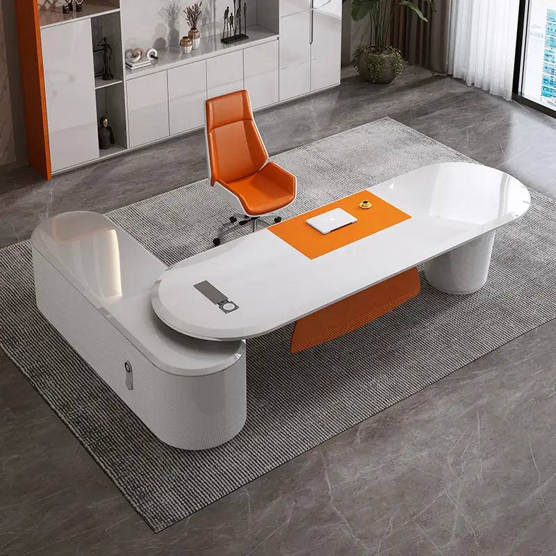 Modern Design Desk and Chair for Office White and Orange Glossy Color Manager Office Table