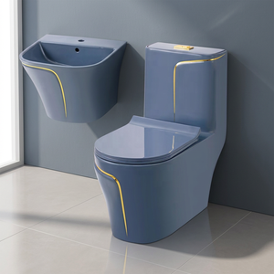 Ensemble WC monobloc et lavabo mural gris de luxe avec ligne dorée pour hôtels étoilés - Product Image 4