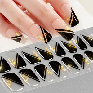 1 feuille de Wraps pour ongles en gel semi-durcis noirs à rayures géométriques, autocollants pour ongles en gel pailleté sans cuisson, Wraps de vernis à ongles pour manucure florale - Product Image 1