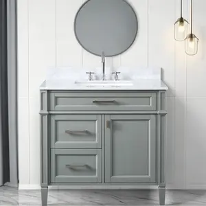 Modern Style White Marble Single Sink Bathroom Cabinet And Vanity With Grey Band Storage Mirror Bathroom Vanity Set