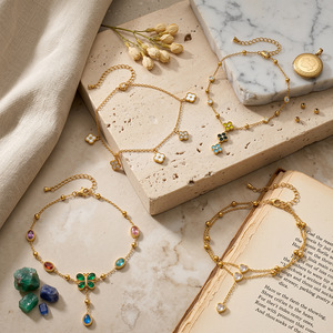 <span class=keywords><strong>Tobillera</strong></span> Impermeable de Acero Inoxidable con Baño de Oro de 18K, Dijes Coloridos de Zirconia con Forma de Mariposa, Flor y Corazón, Cadena para el Pie, Joyería de Playa para Mujer - Product Image 2
