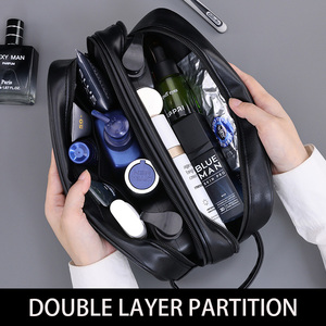 カスタムロゴレザーコスメティックポーチシェービングドップキットメンズトラベルトイレタリーバッグ男性用コスメティックバッグ - Product Image 6