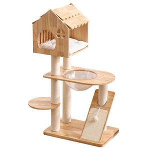 Duurzame, milieuvriendelijke, moderne kattenboom van massief hout & sisal, ruimtecapsule klimrek krabpaal, leuk kattenhuis 115cm 4-laags - Product Image 1