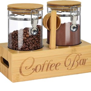 Bamboo Airtight Jar Holder Coffee Condiment <b>Rack</b> <b>Wooden</b> Glass <b>Storage</b> Box Cylinder Minimalist Design M Size Spice Use - Product Image 2