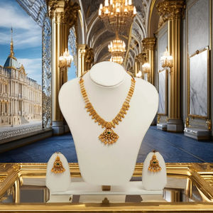 Conjunto de Collar Tradicional de Oro de 22k con Pendientes Jhumka, Joyería Nupcial India con Perlas para Bodas y Fiestas - Product Image 1