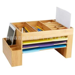 Office Organizer Bamboo Desktop Storage <b>Box</b> With compartments For <b>Pens</b> Papers Phone And Remote Control - Product Image 1