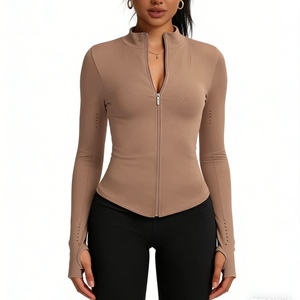 Custom Your Logo Women's Seamless Full-Zip Yoga - Slim Fit Thumb Hole Activewear Top <b>Cycling</b> & Fitness Wear Fashion - Product Image 2