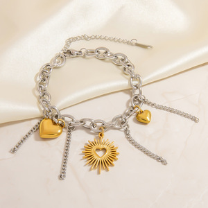 Stainless Steel <b>Bracelet</b> With Gold Silver Heart Charms Electroplated 18K For Gift Unisex Jewelry - Product Image 3