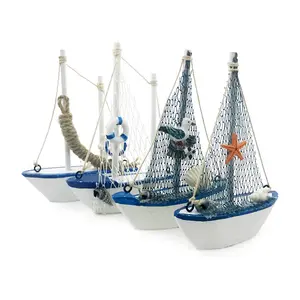 定制批发木制微型帆船家居装饰套装，沙滩航海设计，海军蓝白色