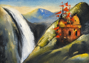 Peinture à l'aquarelle moderne de paysage naturel, peinte à la main, sur toile, avec château de montagne, drapeaux rouges et cascade, pour décoration intérieure - Product Image 4
