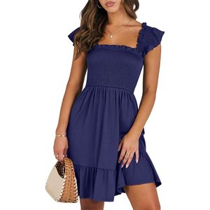 FOXA Women's Summer Casual Sleeveless Square Neck <b>Dress</b> Smocked Ruffle Backless Boho Beach Short Sundress - Product Image 1