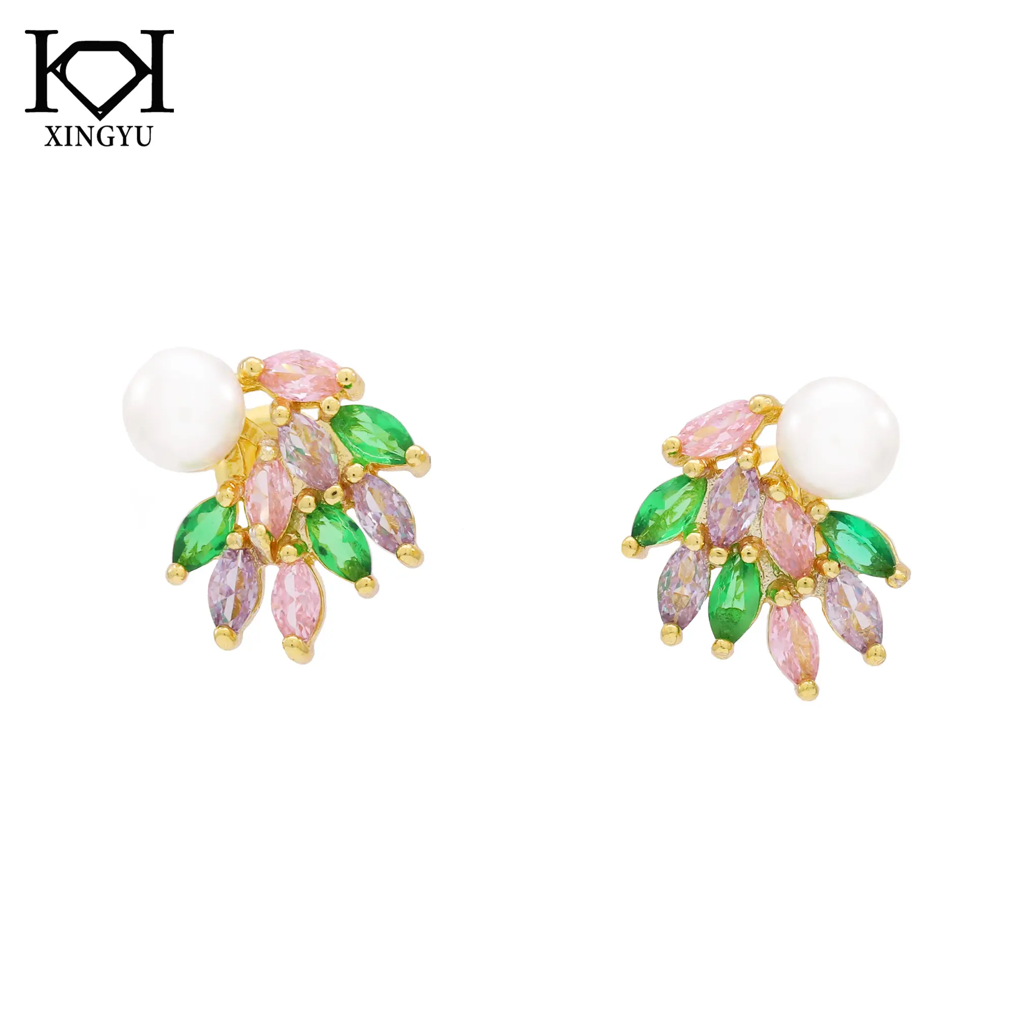 Beautiful Korean Imitate Fresh Water Pearl Jewelry Colorful Zircon Crystal Stud Earings