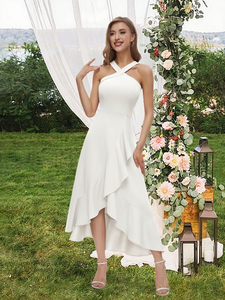 فستان سهرة نسائي طويل جداً لعام 2025، مناسب للزفاف والحفلات الرسمية وإشبينات العروس، بتصميم معلق عند الرقبة وكشكشة وحافة غير متساوية، لون موحد - Product Image 3