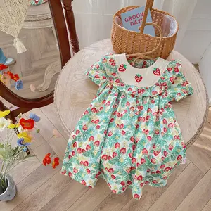 Erdbeer stickerei Rüschen Mädchen Kleid Sommer New Fruit Print Kinder Kurzarm Puppen rock