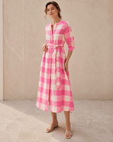 Robe décontractée trapèze rose à carreaux pour femme, taille naturelle, en coton et lin tissé, respirante, idéale pour l'automne et la plage