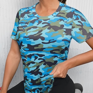 Camiseta Deportiva Casual de Verano para Mujer, de Spandex, Manga Corta, Camuflaje, Largo Regular - Product Image 4