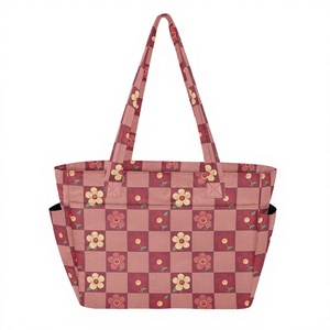 Floral <b>Checkered</b> Canvas Tote Bag Open <b>Top</b> Fashion Women's Shopping Bag All Seasons Style - Product Image 2