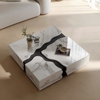 Ensemble de tables basses modulaires en marbre et bois, plateau en pierre blanche, base en chêne noir, style contemporain pour villa, hôtel, salon