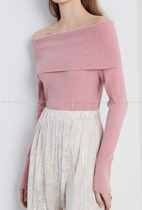 سعر جيد النمط الكوري محبوك الخريف ركاب كبير طية صدر السترة كتف واحد وردي ضئيلة أكمام طويلة النساء تريك - Product Image 2