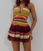 Robe Courte Imprimée Col Halter en V pour Femme, Dos Ouvert, Coupe Ajustée, Rayures Dégradées, Idéale Soirée, Vacances, Plage, Style Bohème, Été, Vente en Gros, OEM
