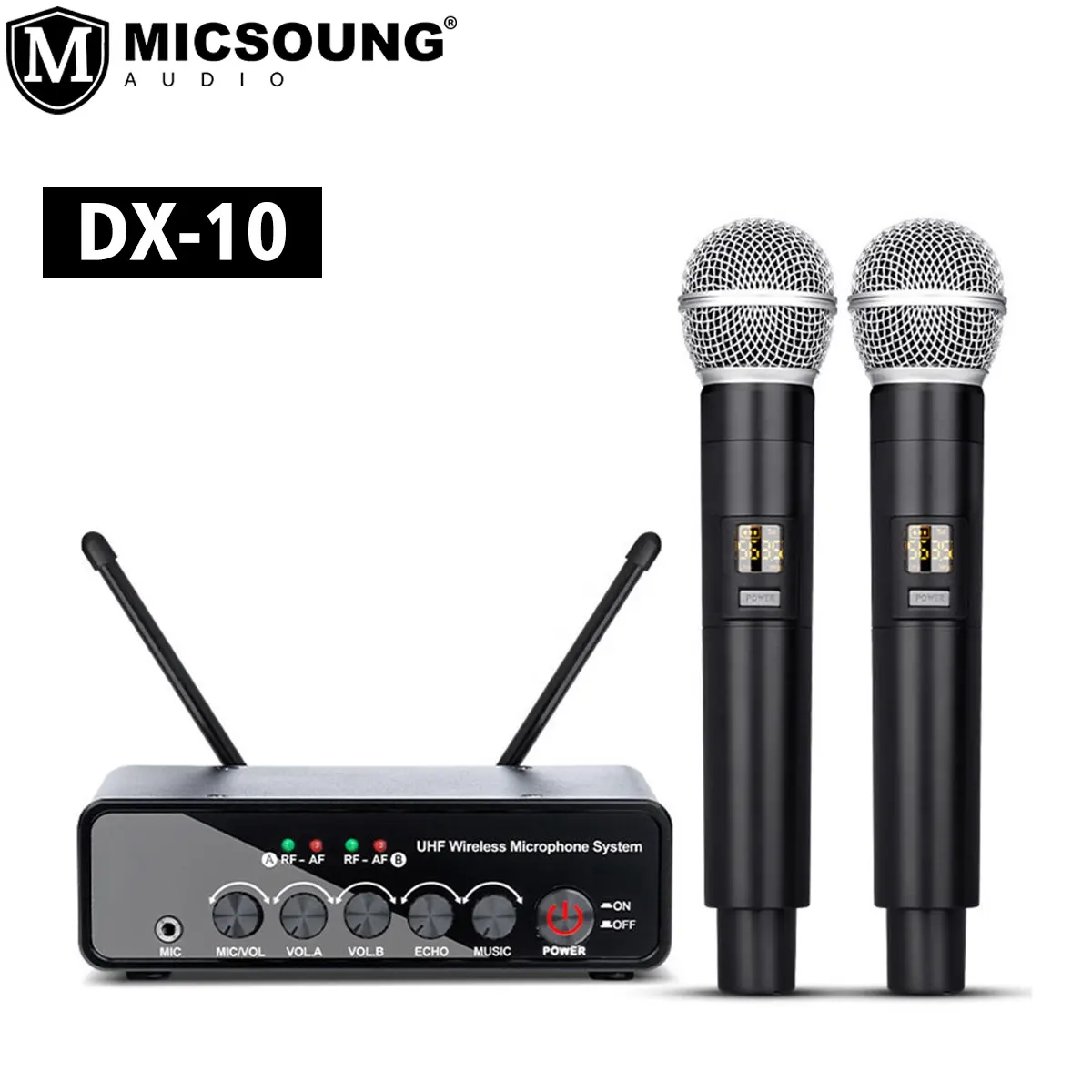 DX-10 כפולה ערוץ אלחוטי מיקרופון אלחוטי זמן אמת הפחתת רעש מובנה כרטיס קול דינמי עבור טלוויזיה קריוקי בית