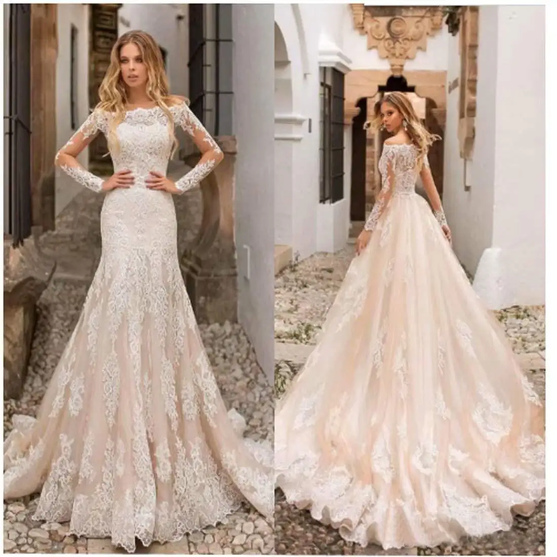 Magicmk Ball Gown Long Sleeve Shoulder Lace Dress White Wedding Dresses Bridal Gowns Wedding Dress