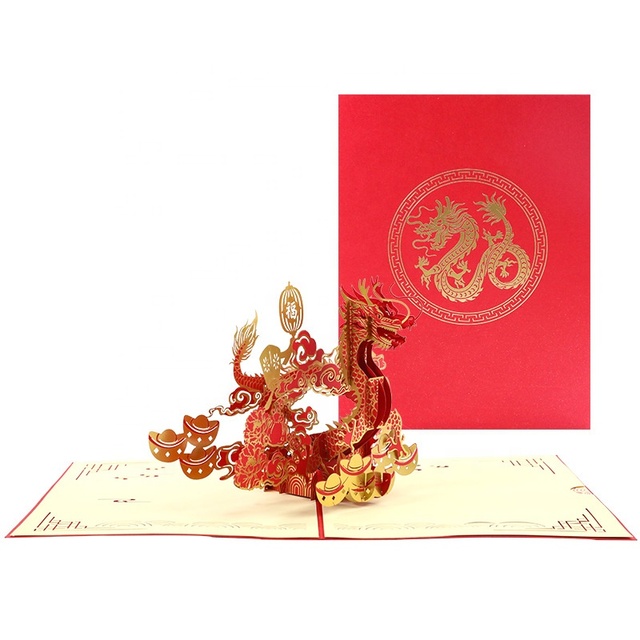 3D Greeting Card Creative Bronzing Dragon New Year Blessing Card for Family, Friends Gift Decor