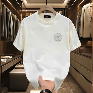 YZEE.MC Men's <b>White</b> 100% Cotton Breathable Hip Hop T-Shirt Printed Geometric Pattern O-Neck Short Sleeve Casual Regular Fit - Product Image 1