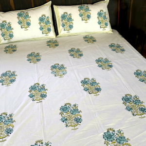 Indian Handcrafted Sanganeri Hand Block Printed 100% Cotton Floral Anti-Bacteria Bedsheets Set <b>Pillow</b> Cover 300tc Thread Count - Product Image 1