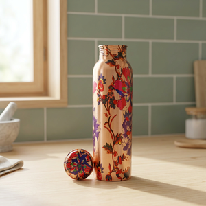 Botella de Agua de Cobre Puro con Estampado Floral Vibrante de Primera Calidad, 1000 ml, Diseño de Flores Multicolor, Botella Metálica a Prueba de Fugas - Product Image 2