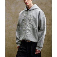 Sweat à capuche pour homme personnalisé de haute qualité avec perlage, capuche vintage, fermeture éclair, poche latérale ample, broderie, pull en coton éponge