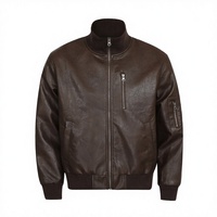 Blouson aviateur en cuir véritable marron pour homme, col montant, fermeture éclair, logo sur le devant, coupe-vent, respirant, coupe classique, vêtement d'hiver