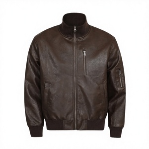 Blouson d'hiver haut de gamme pour homme en cuir véritable, style motard, col montant, logo brodé sur le devant, coupe ample unie - Product Image 2