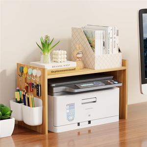 Étagère d'imprimante de bureau en bois, organisateur de rangement à double couche pour bureau avec crochets et porte-crayons, style moderne et minimaliste - Product Image 5
