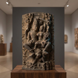 Estatua de Piedra de 12 Pulgadas del Dios Vishnu con la Diosa Lakshmi |   Réplica de Mesa del Museo de Arte del Templo Hindú Antiguo - Product Image 1