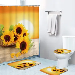 Juego de cortina de ducha de girasoles, conjunto de cortina de ducha con estampado digital, listo para enviar, Juego de 4