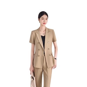 Women's Summer Short Sleeve Double Breasted Blazer And Trousers Set Formal Anti Wrinkle Commute Wear - Product Image 5