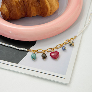 Collier en pierre naturelle en forme de cœur pour femmes, chaîne de perles, bijoux dorés, accessoire à porter au quotidien - Product Image 4